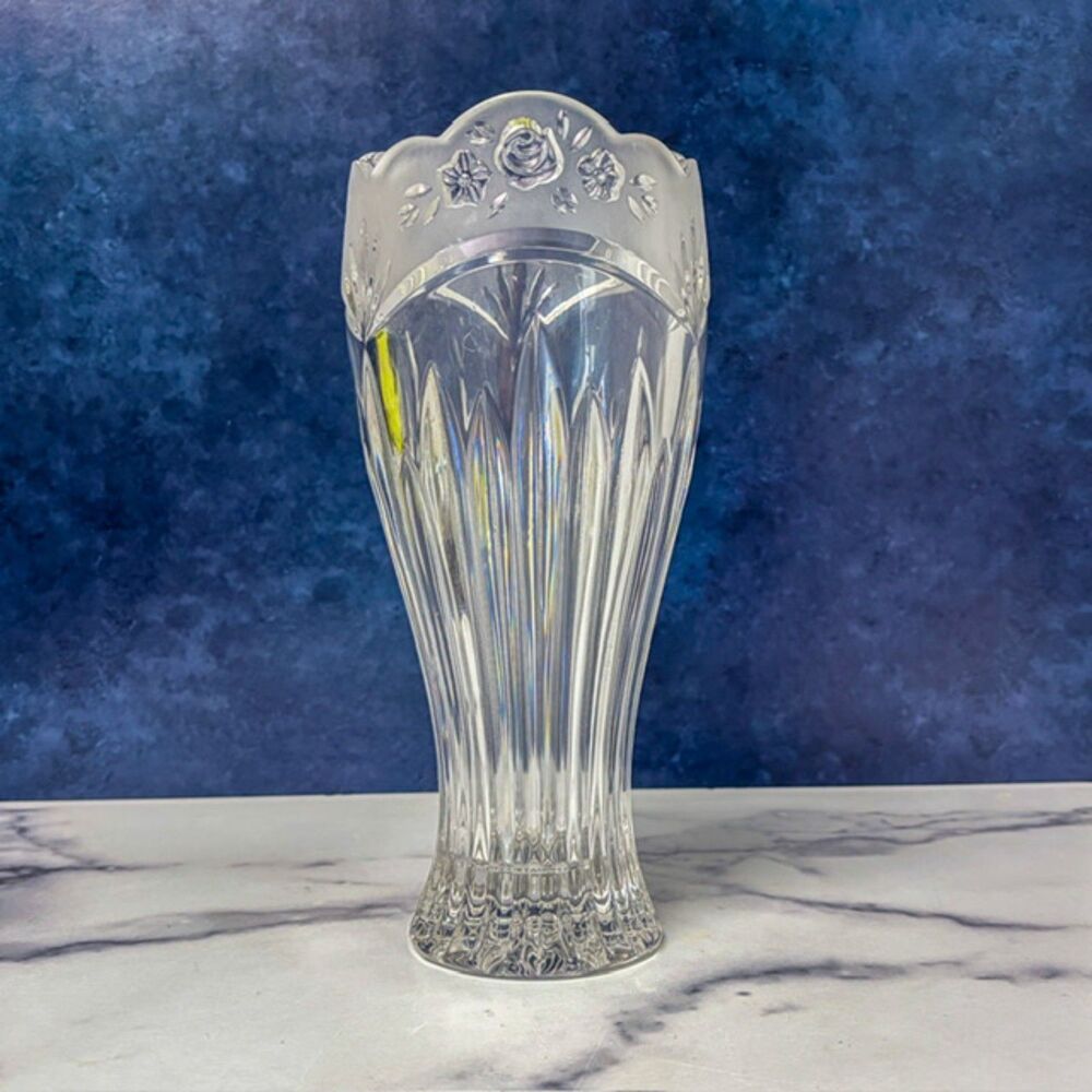 Heavy Clear Glass Vase Frosted Roses Scalloped Rim 10 in 4.3 lb